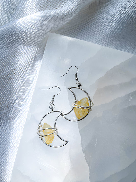 Crescent Moon Yellow Quartz Crystal Earrings