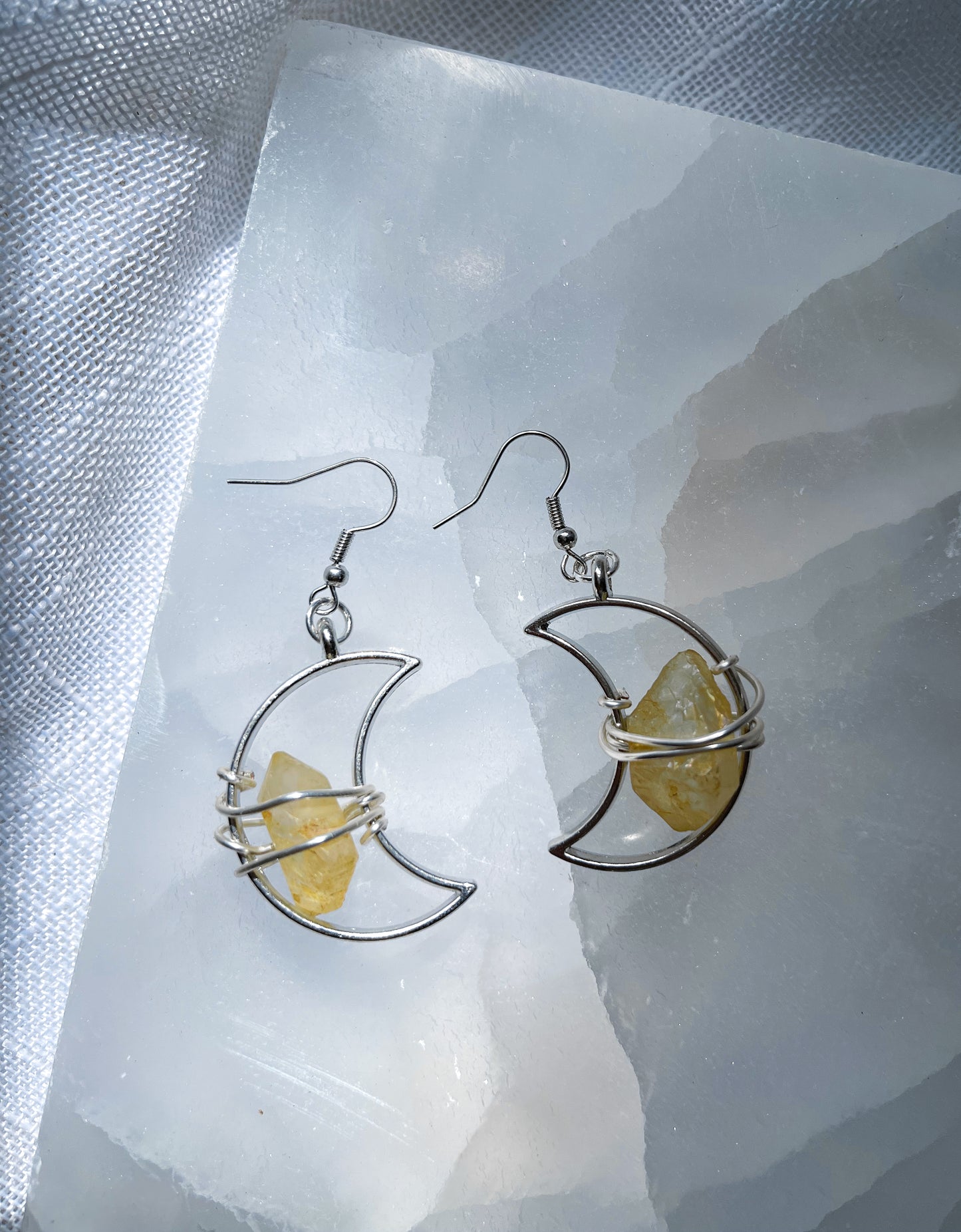 Crescent Moon Yellow Quartz Crystal Earrings