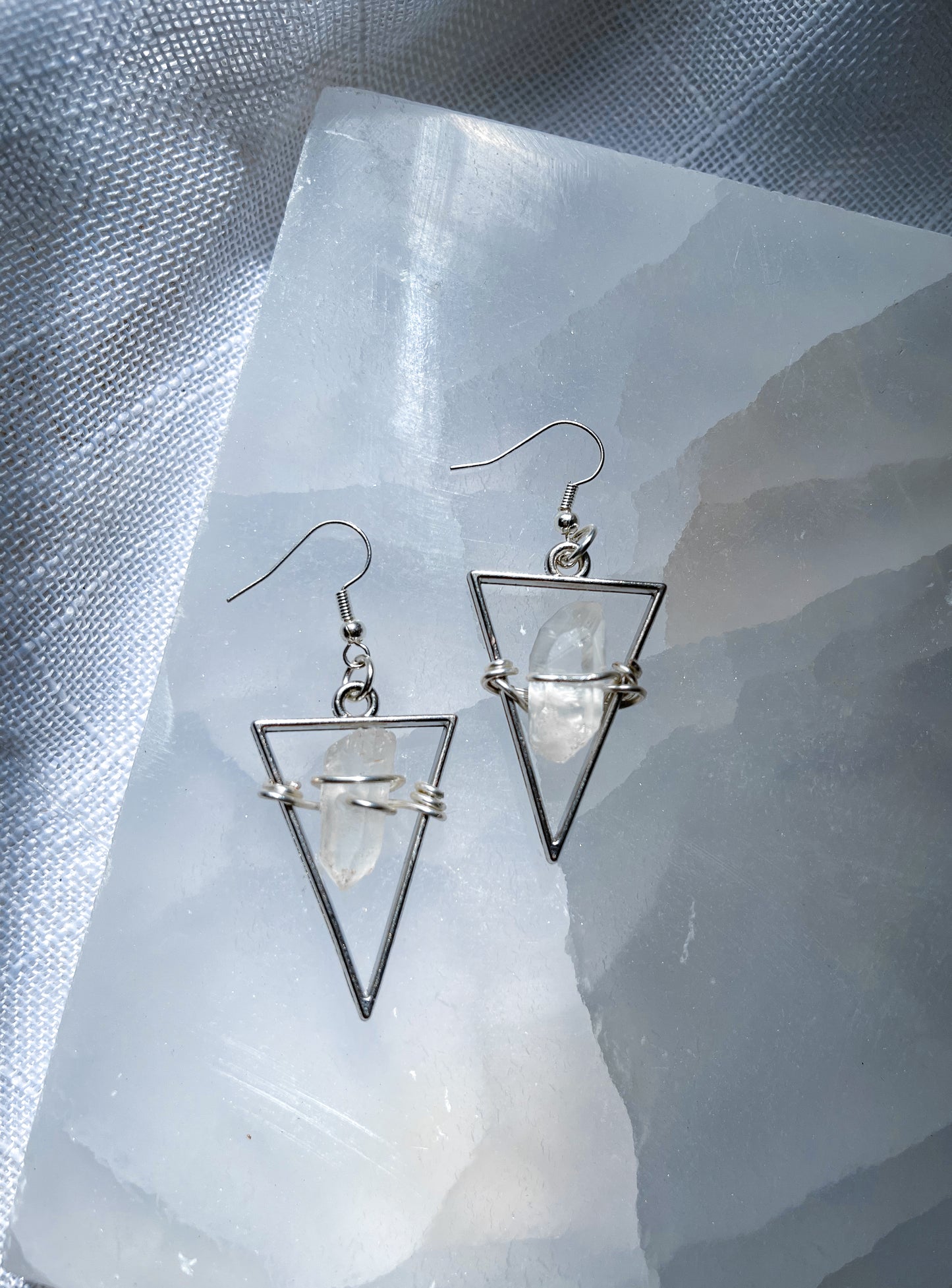 Bright Golden Star Quartz Crystal Triangle Geometric Earrings