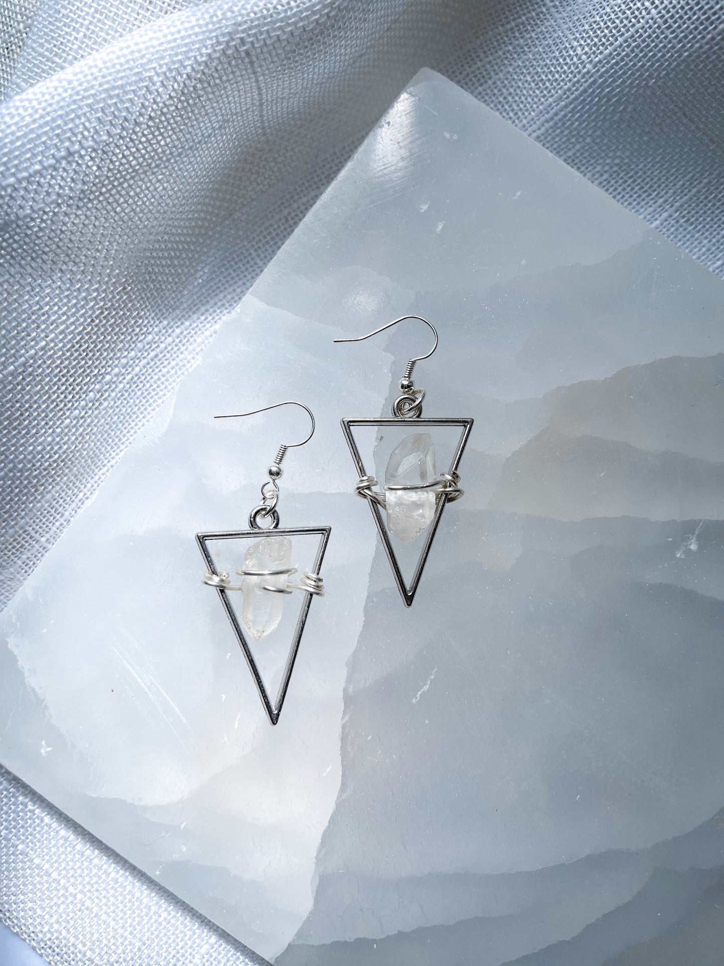Bright Star Quartz Crystal Triangle Geometric Earrings