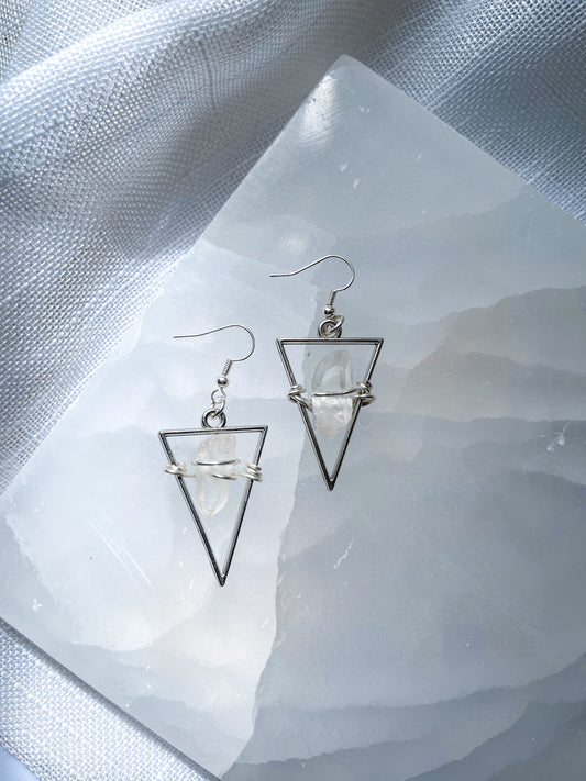 Bright Star Quartz Crystal Triangle Geometric Earrings