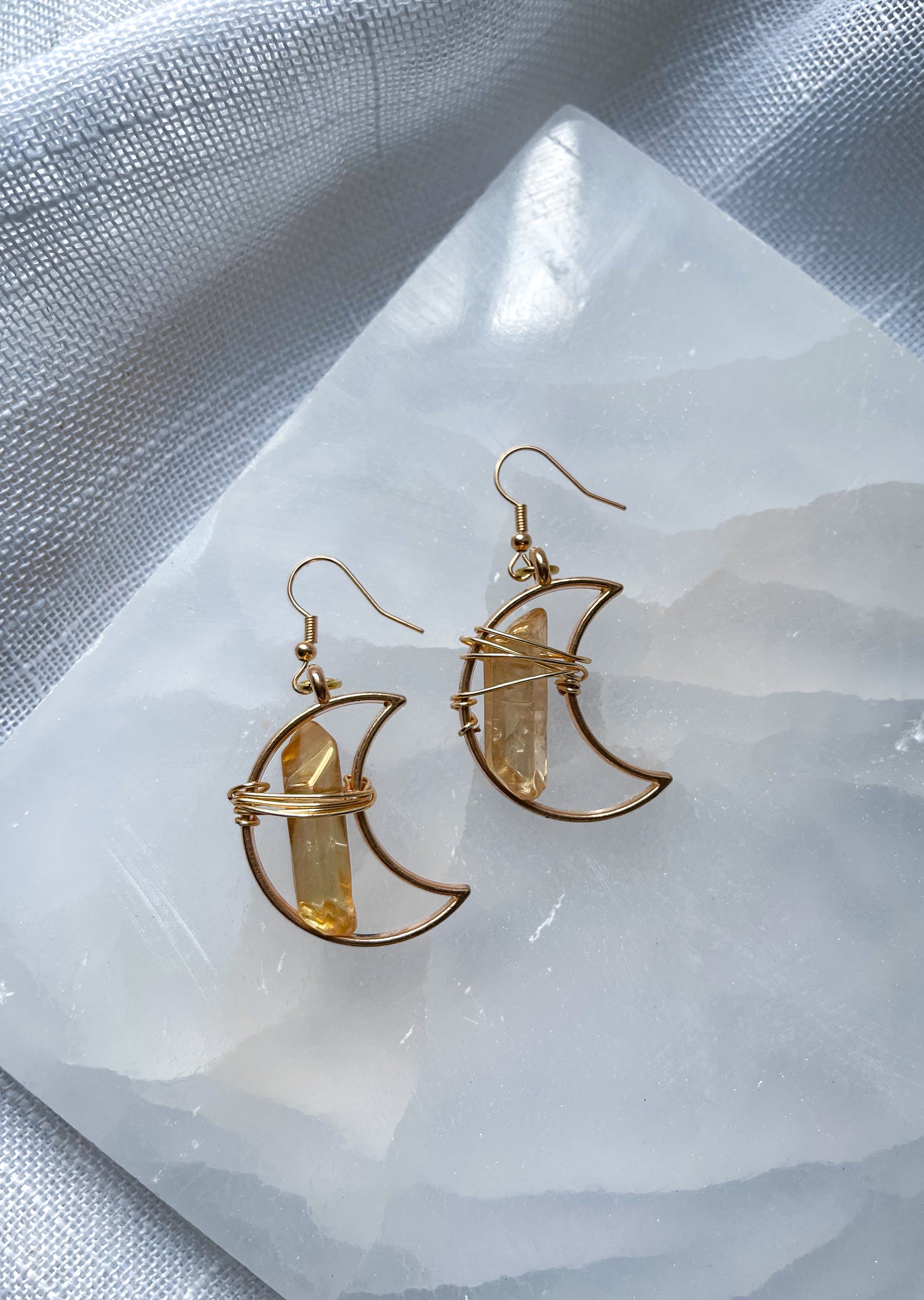 Crescent Moon Bronze Quartz Crystal Earrings