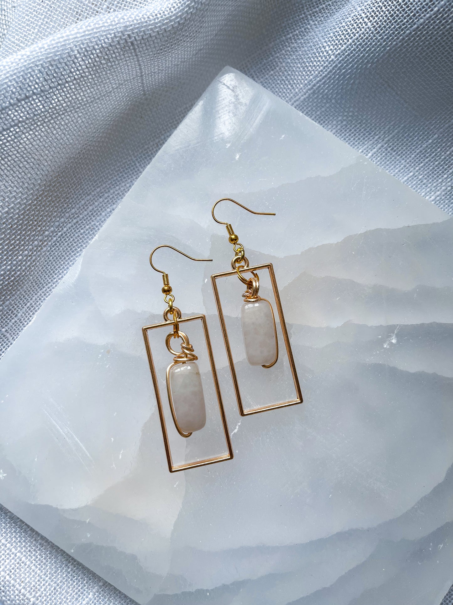 Pink Rose Quartz Crystal Rectangular Earrings