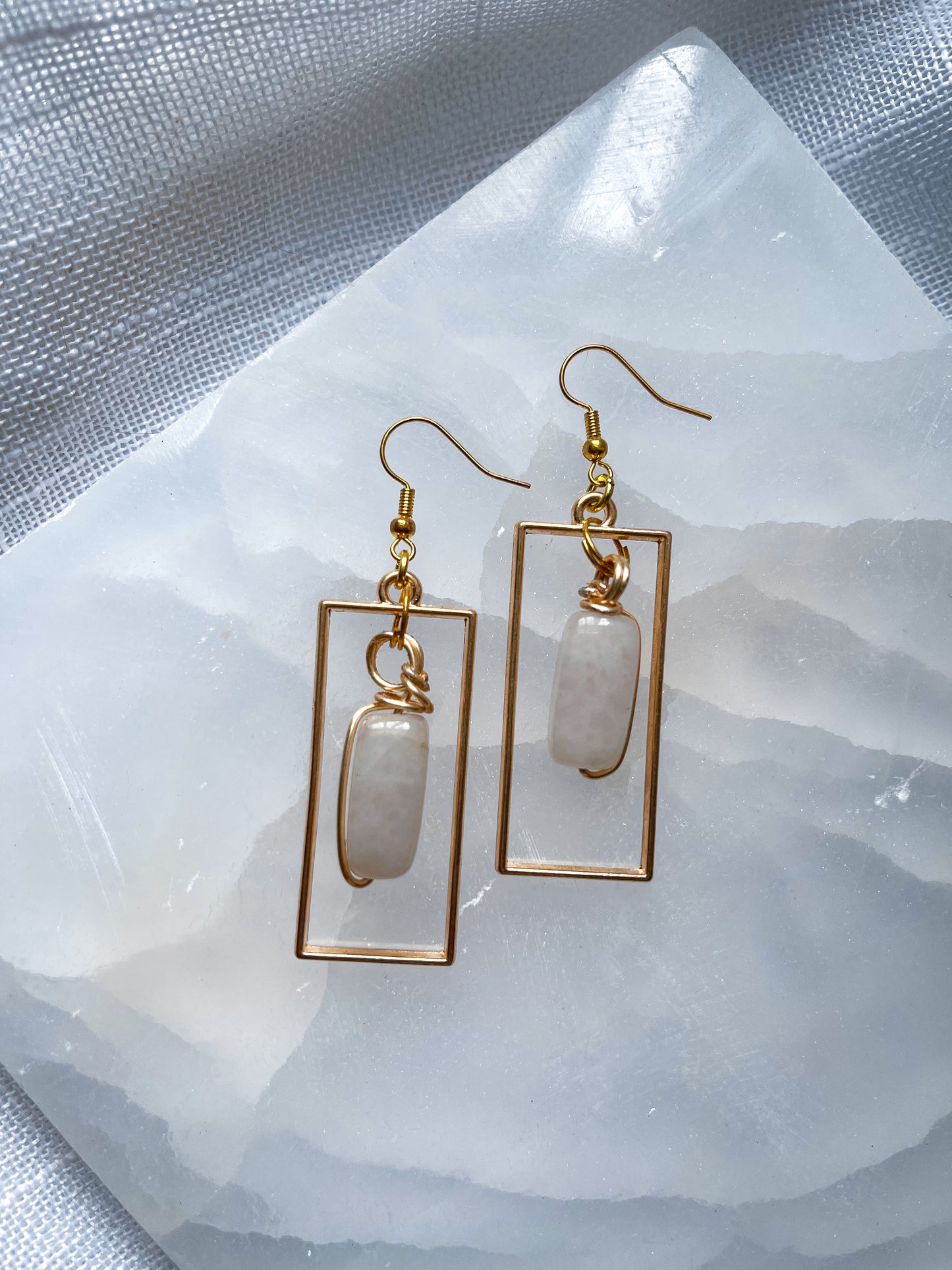 Pink Rose Quartz Crystal Rectangular Earrings