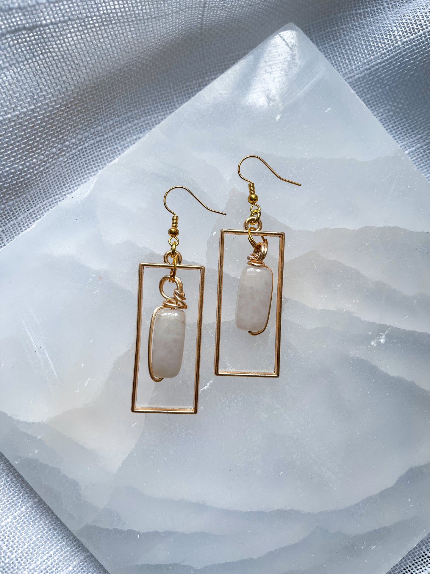 Pink Rose Quartz Crystal Rectangular Earrings