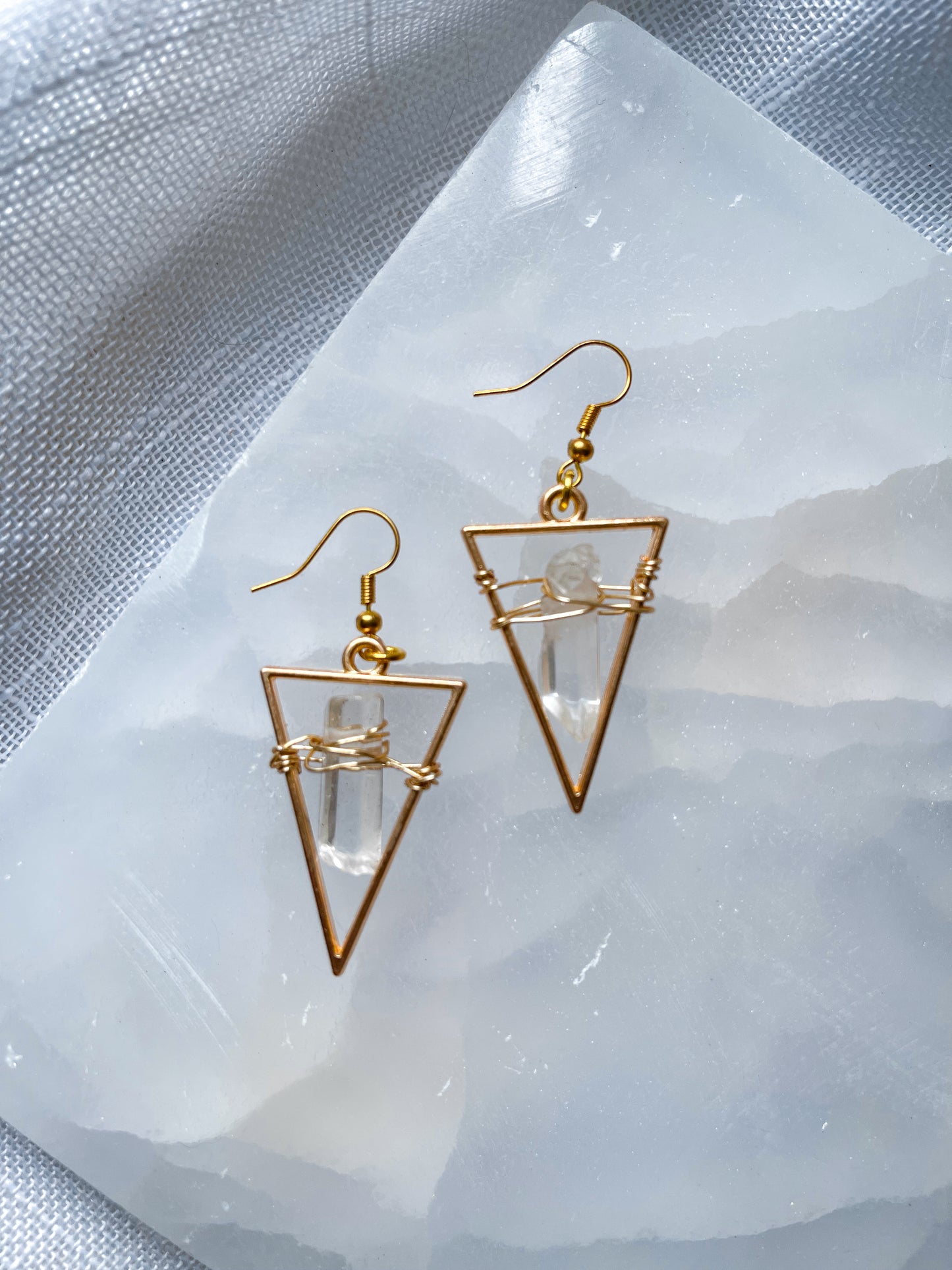 Bright Golden Star Quartz Crystal Triangle Geometric Earrings