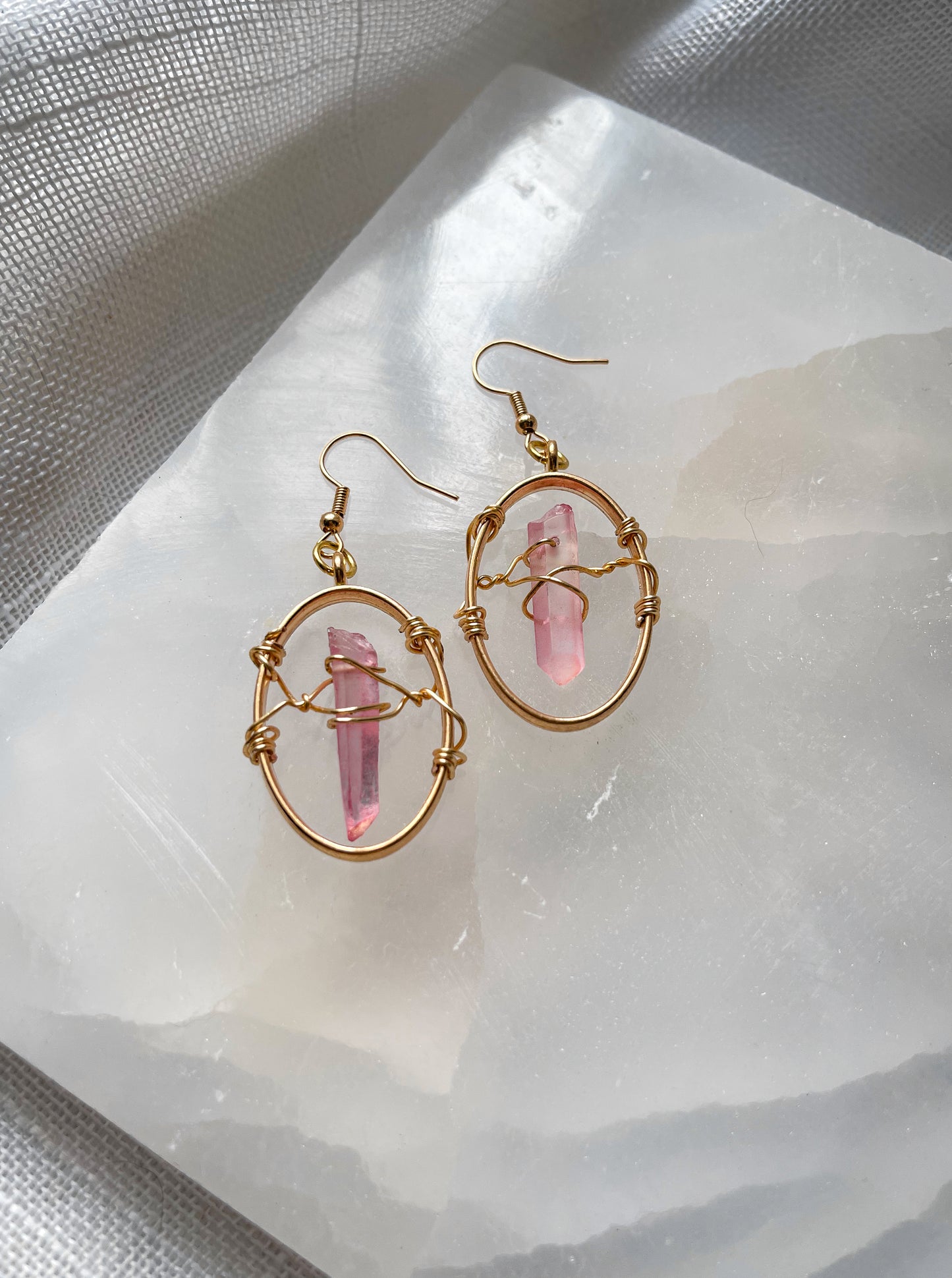 Powerful Pink Quartz Crystal Oval Geometric Earrings