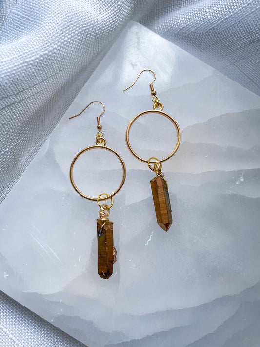 Bronze Quartz Crystal Love Hoop Earrings