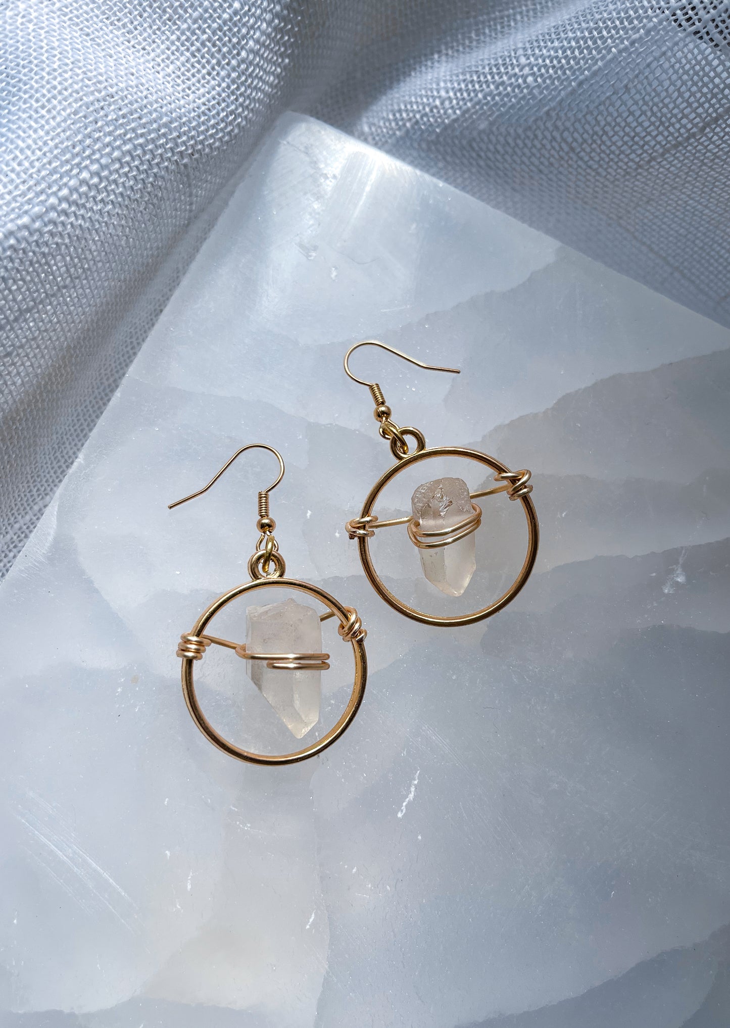 Gold Circle of Life Quartz Crystal Earrings