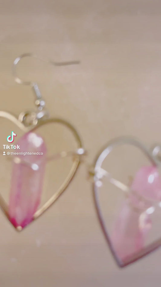 Pink Hearts of Love Quartz Crystal Earrings