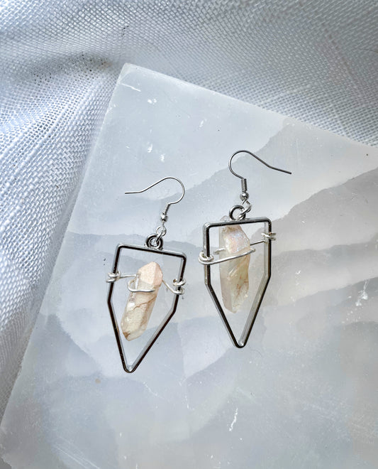 Magical Geometric Silver Aura Quartz Crystal Earrings