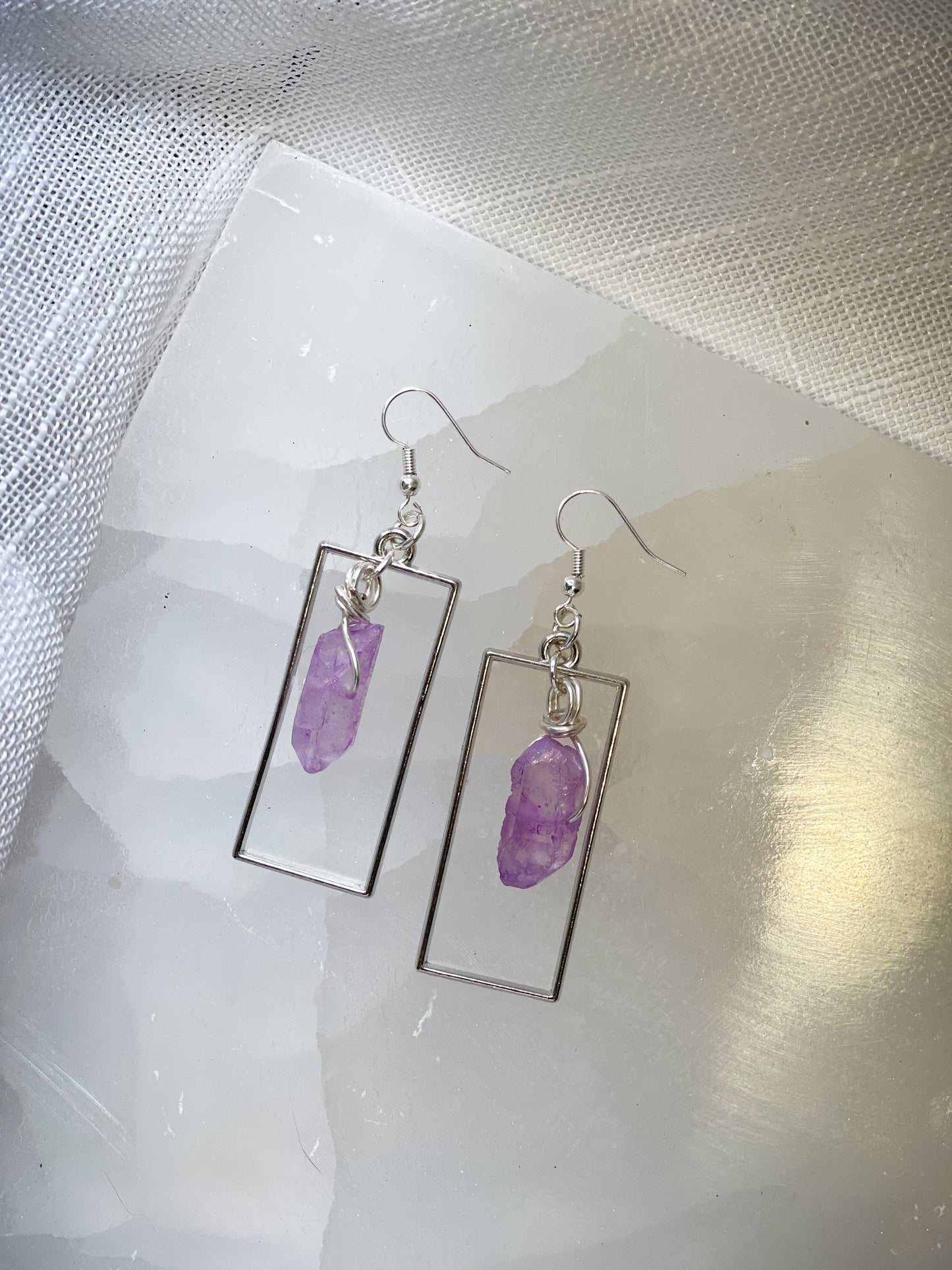 Purple Dyed Lovely Silver Quartz Crystal Earrings