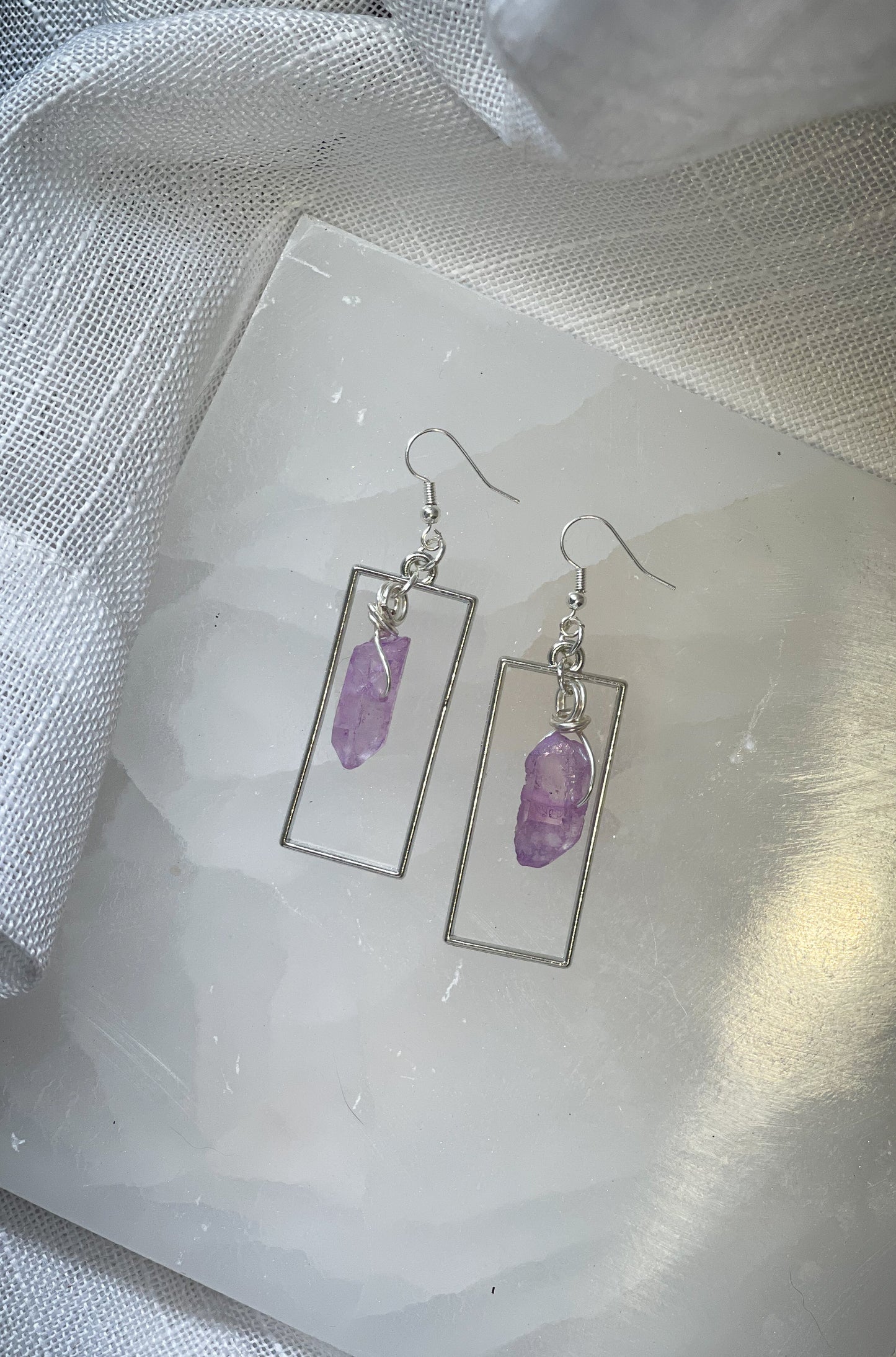 Purple Dyed Lovely Silver Quartz Crystal Earrings