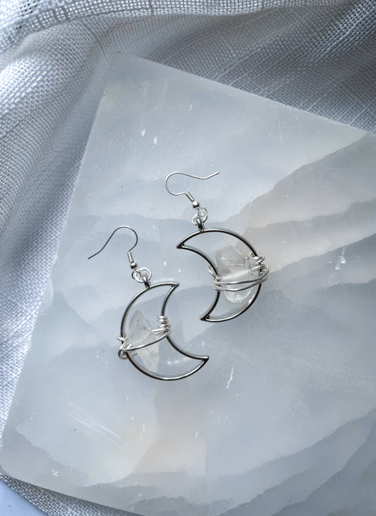 Crescent Moon Quartz Crystal Earrings