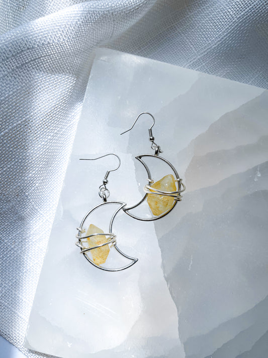 Crescent Moon Yellow Quartz Crystal Earrings