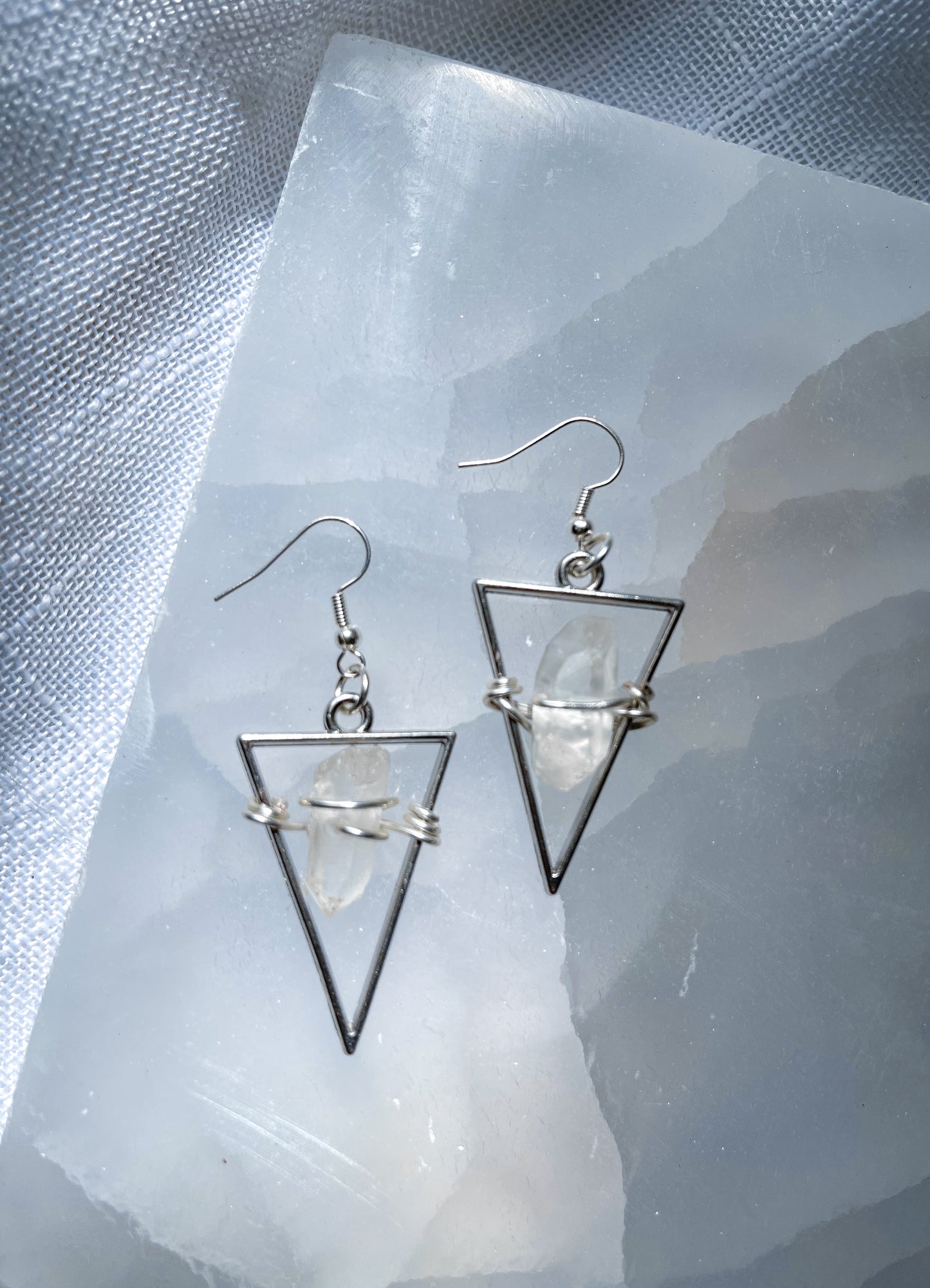 Bright Star Quartz Crystal Triangle Geometric Earrings