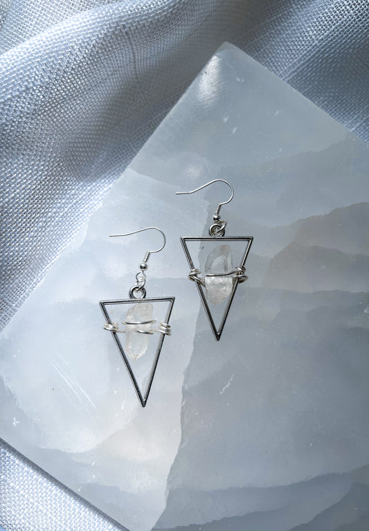Bright Star Quartz Crystal Triangle Geometric Earrings
