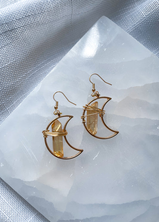 Crescent Moon Bronze Quartz Crystal Earrings