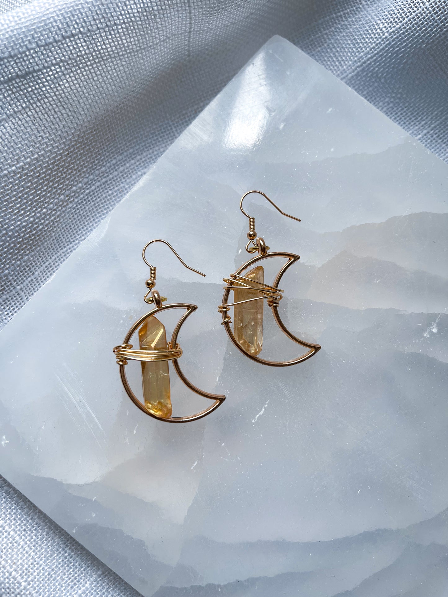 Crescent Moon Bronze Quartz Crystal Earrings