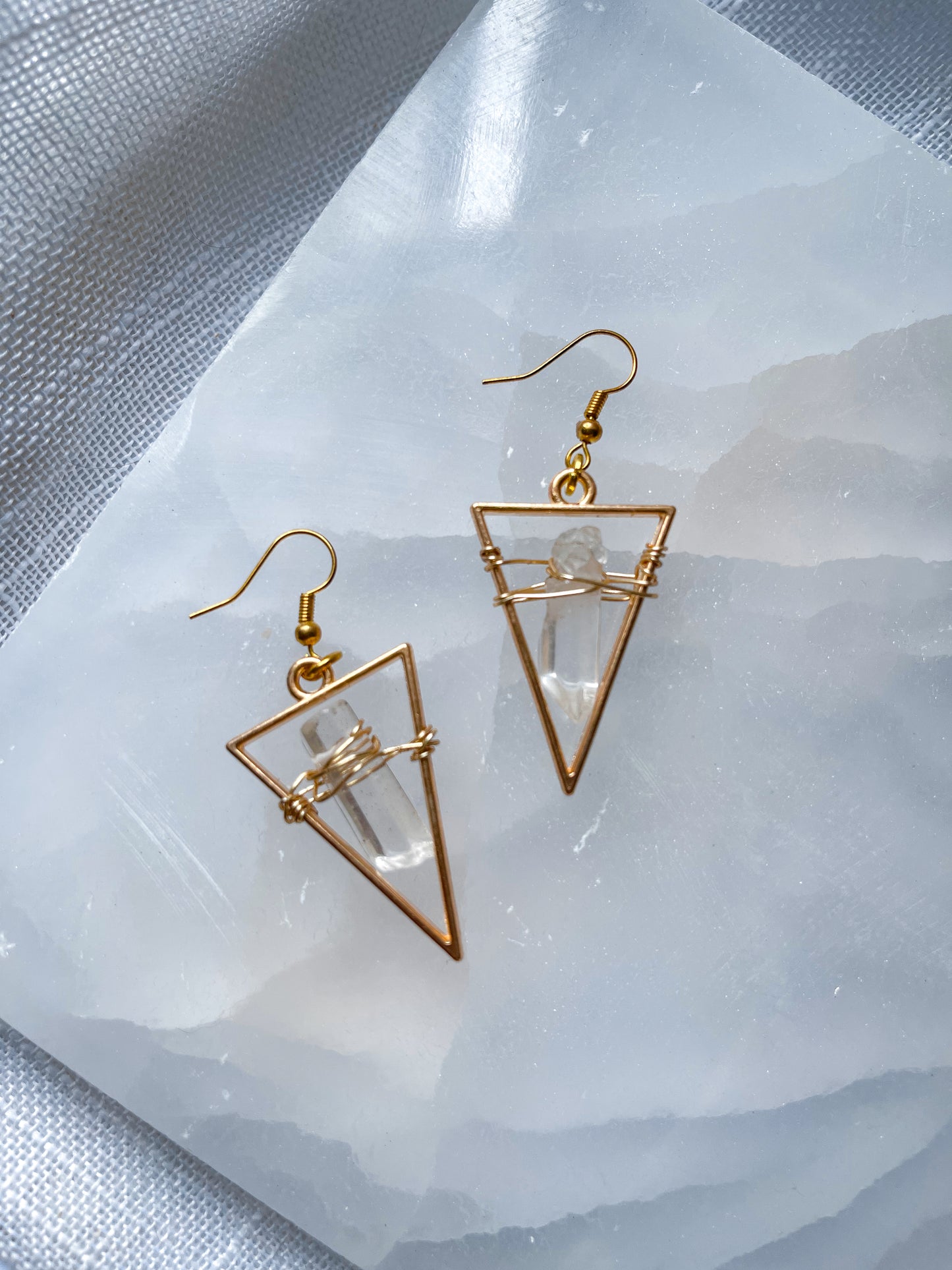 Bright Golden Star Quartz Crystal Triangle Geometric Earrings