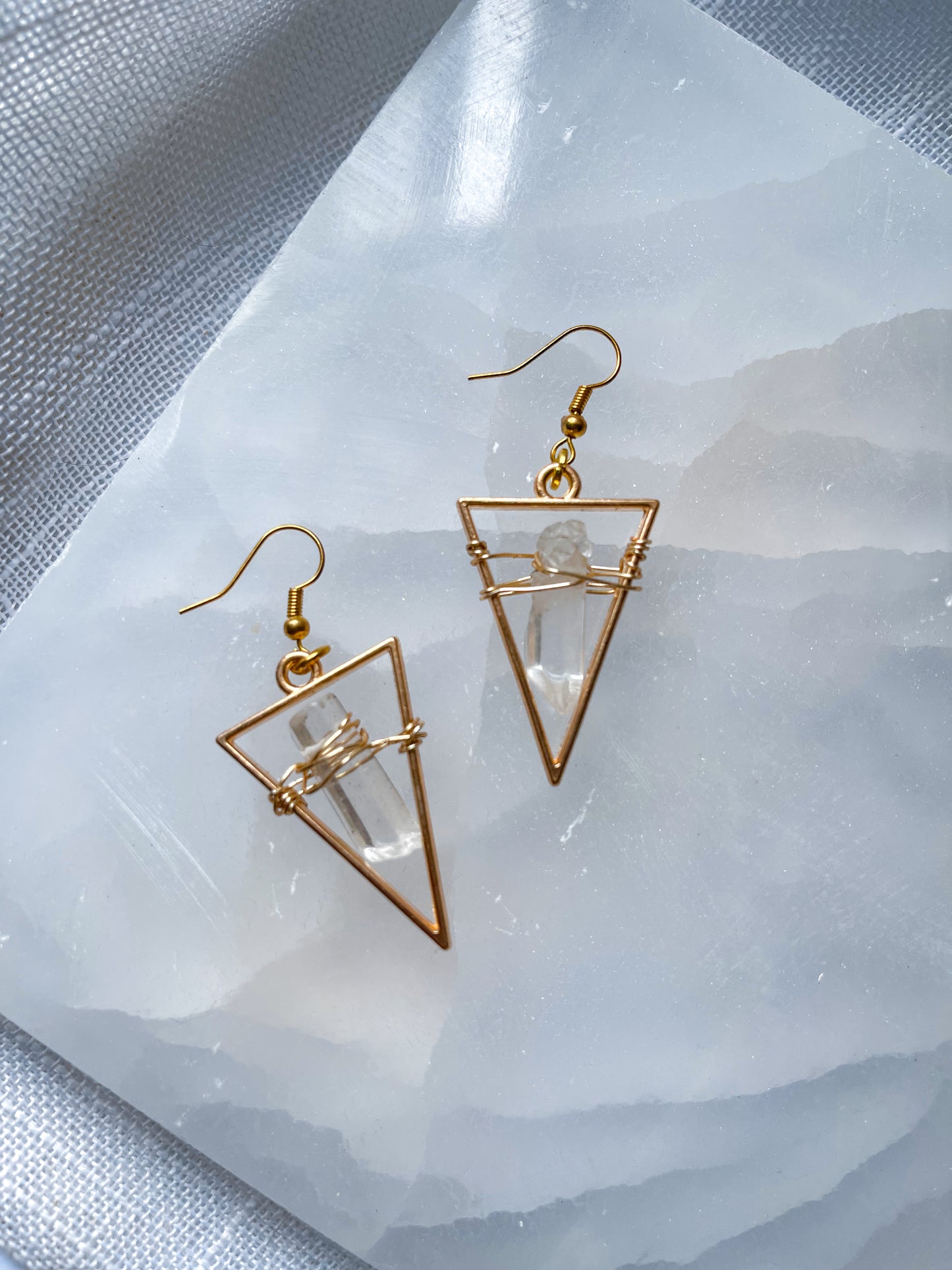 Bright Golden Star Quartz Crystal Triangle Geometric Earrings