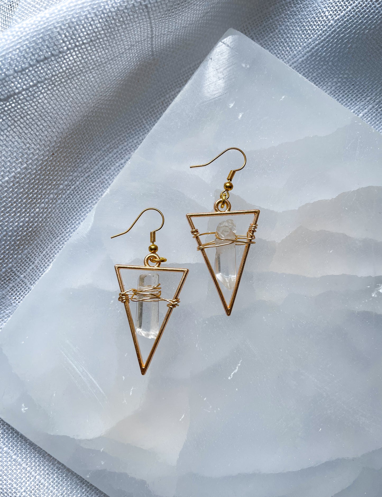 Bright Golden Star Quartz Crystal Triangle Geometric Earrings