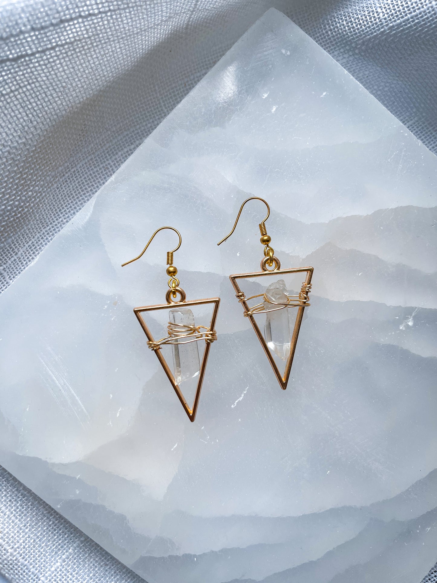 Bright Golden Star Quartz Crystal Triangle Geometric Earrings