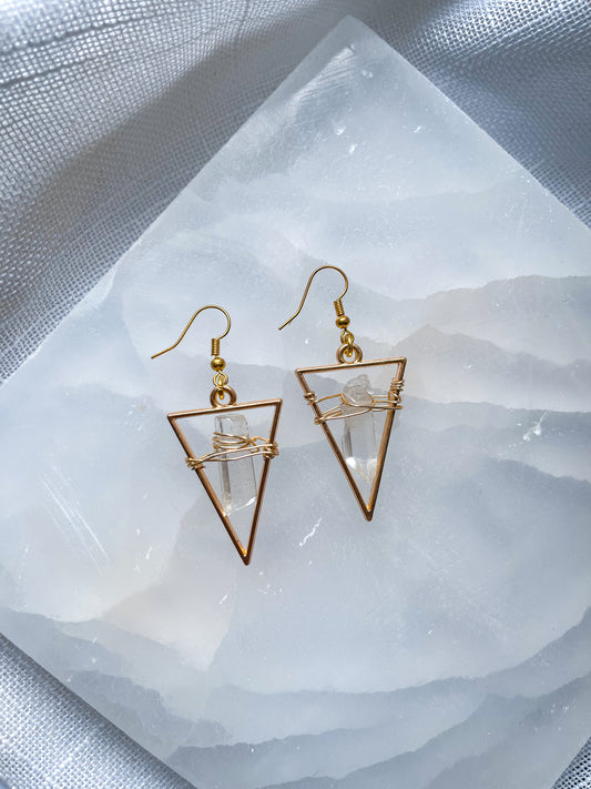 Bright Golden Star Quartz Crystal Triangle Geometric Earrings