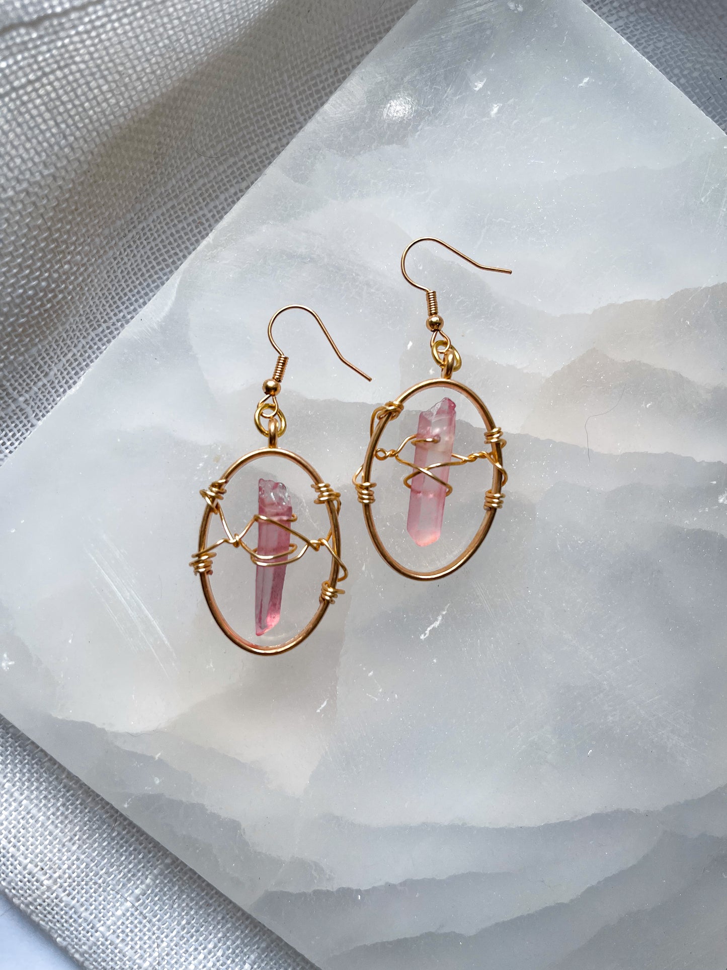 Powerful Pink Quartz Crystal Oval Geometric Earrings