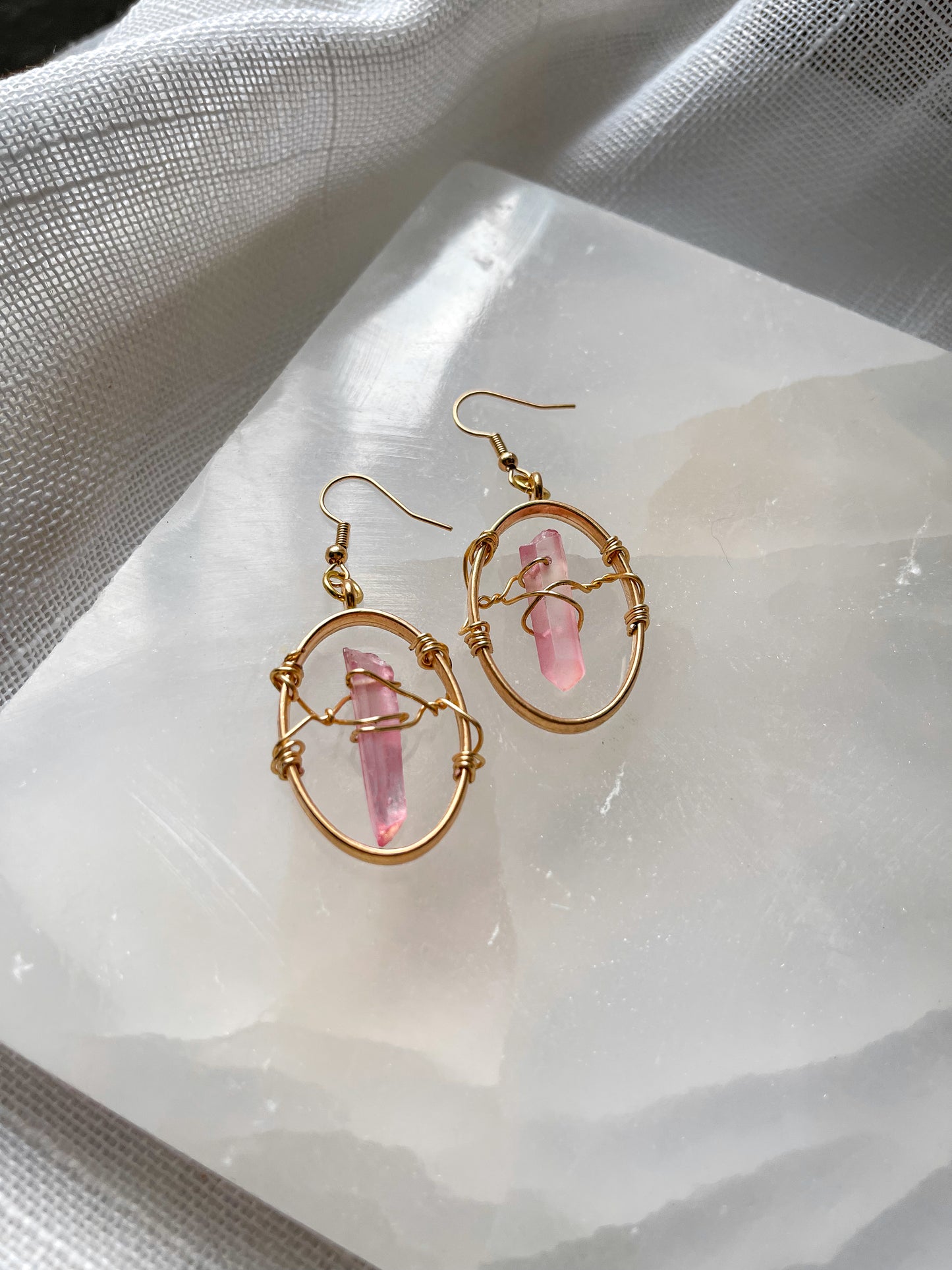 Powerful Pink Quartz Crystal Oval Geometric Earrings