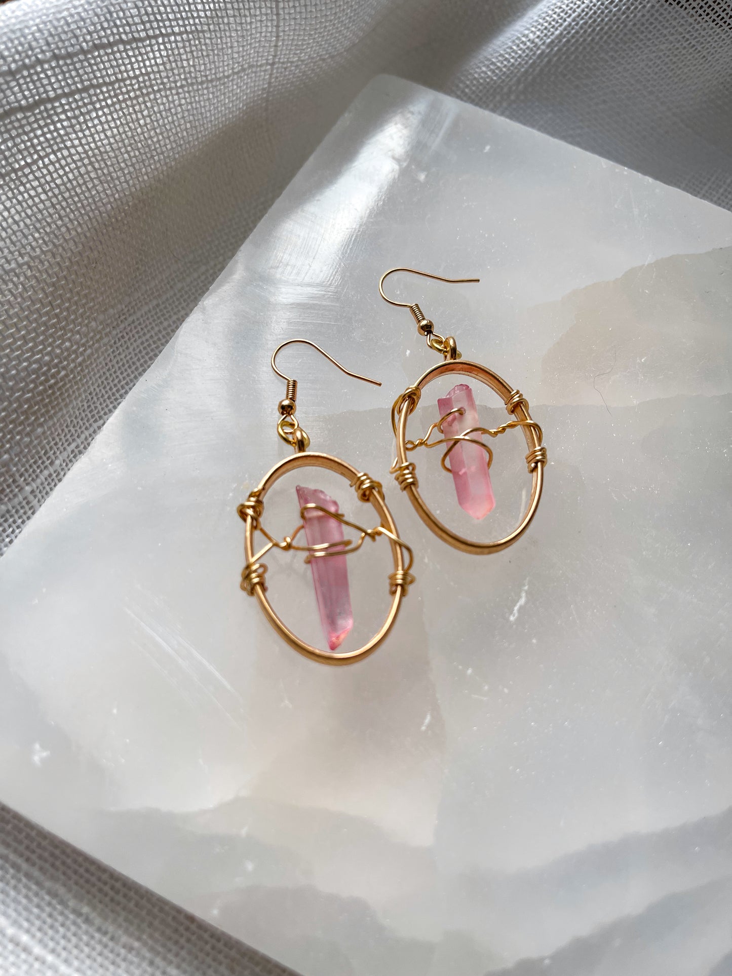 Powerful Pink Quartz Crystal Oval Geometric Earrings