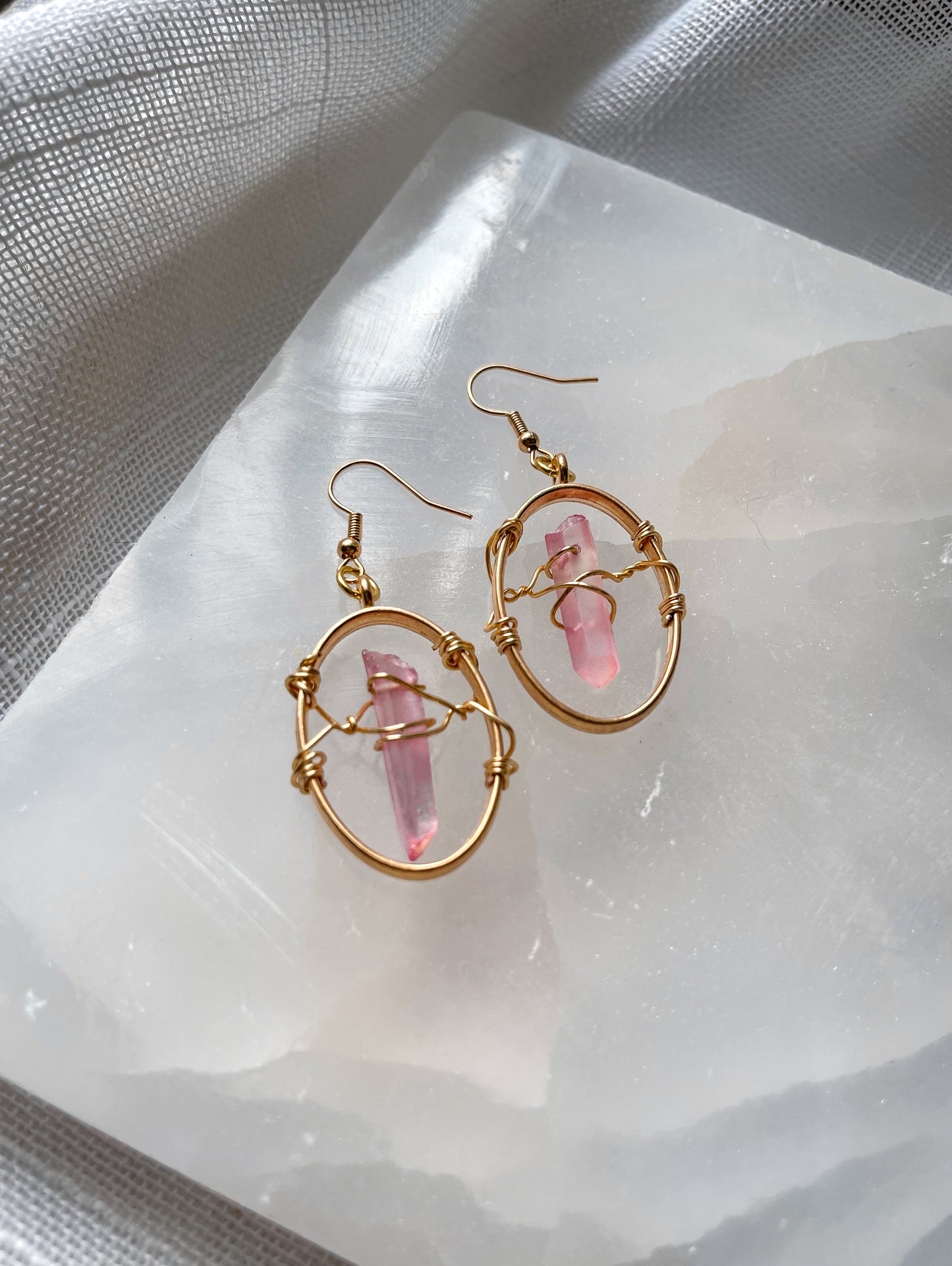 Powerful Pink Quartz Crystal Oval Geometric Earrings