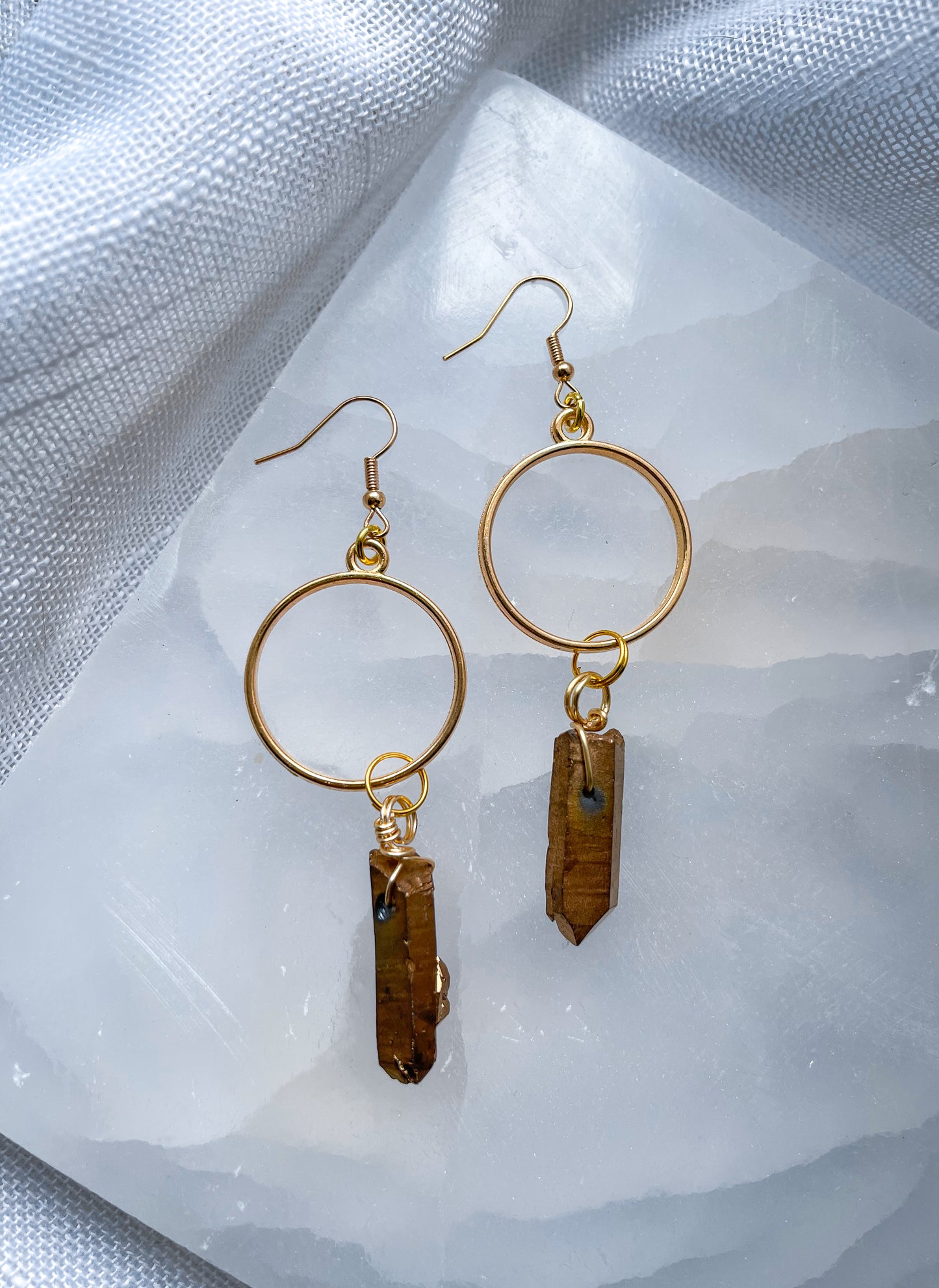 Bronze Quartz Crystal Love Hoop Earrings