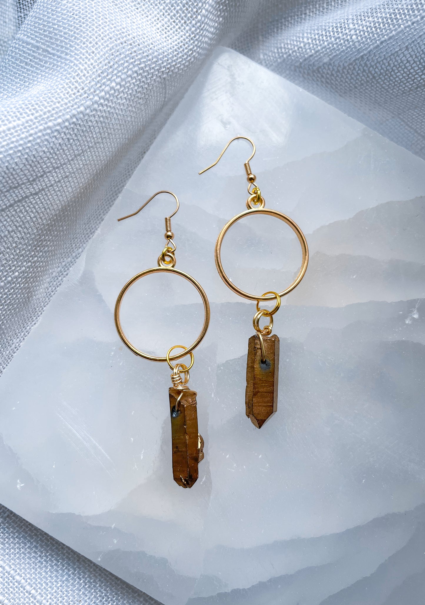 Bronze Quartz Crystal Love Hoop Earrings