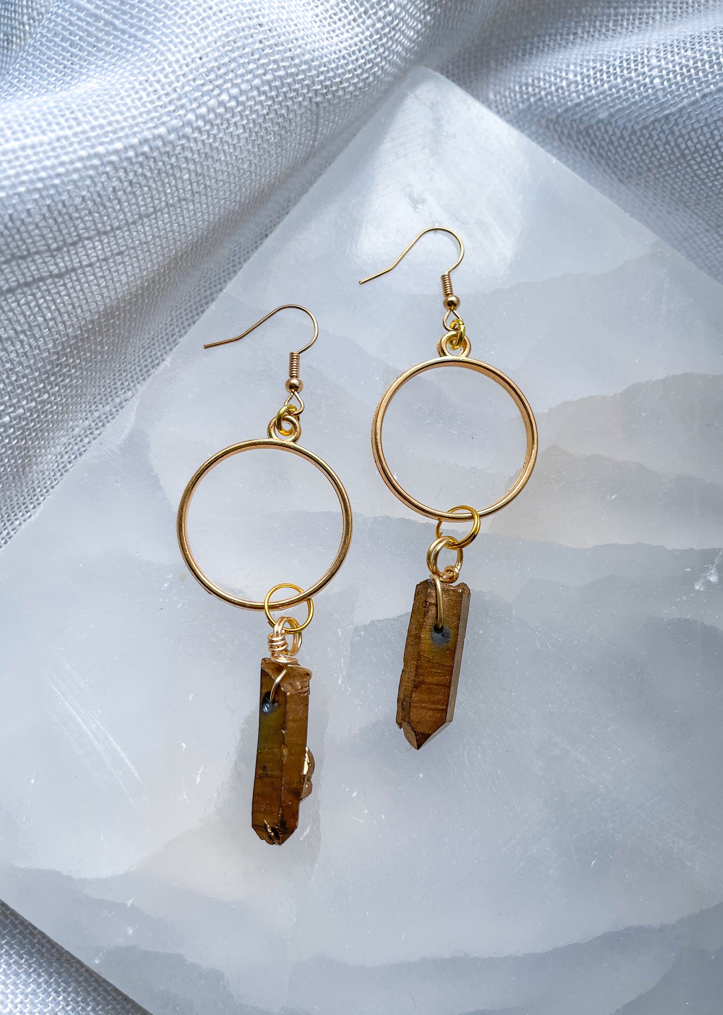 Bronze Quartz Crystal Love Hoop Earrings