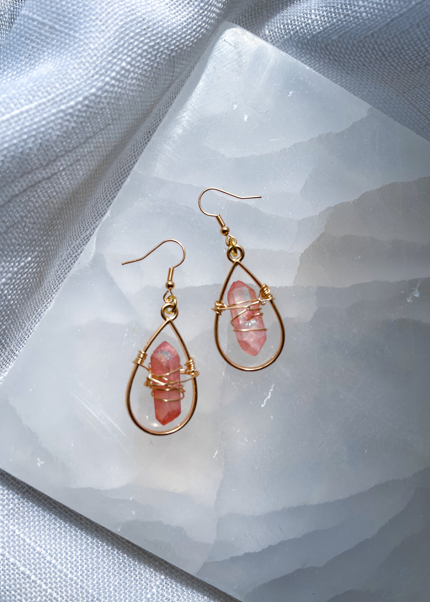 Teardrops of the Soul Pink Dyed Quartz Crystal Earrings