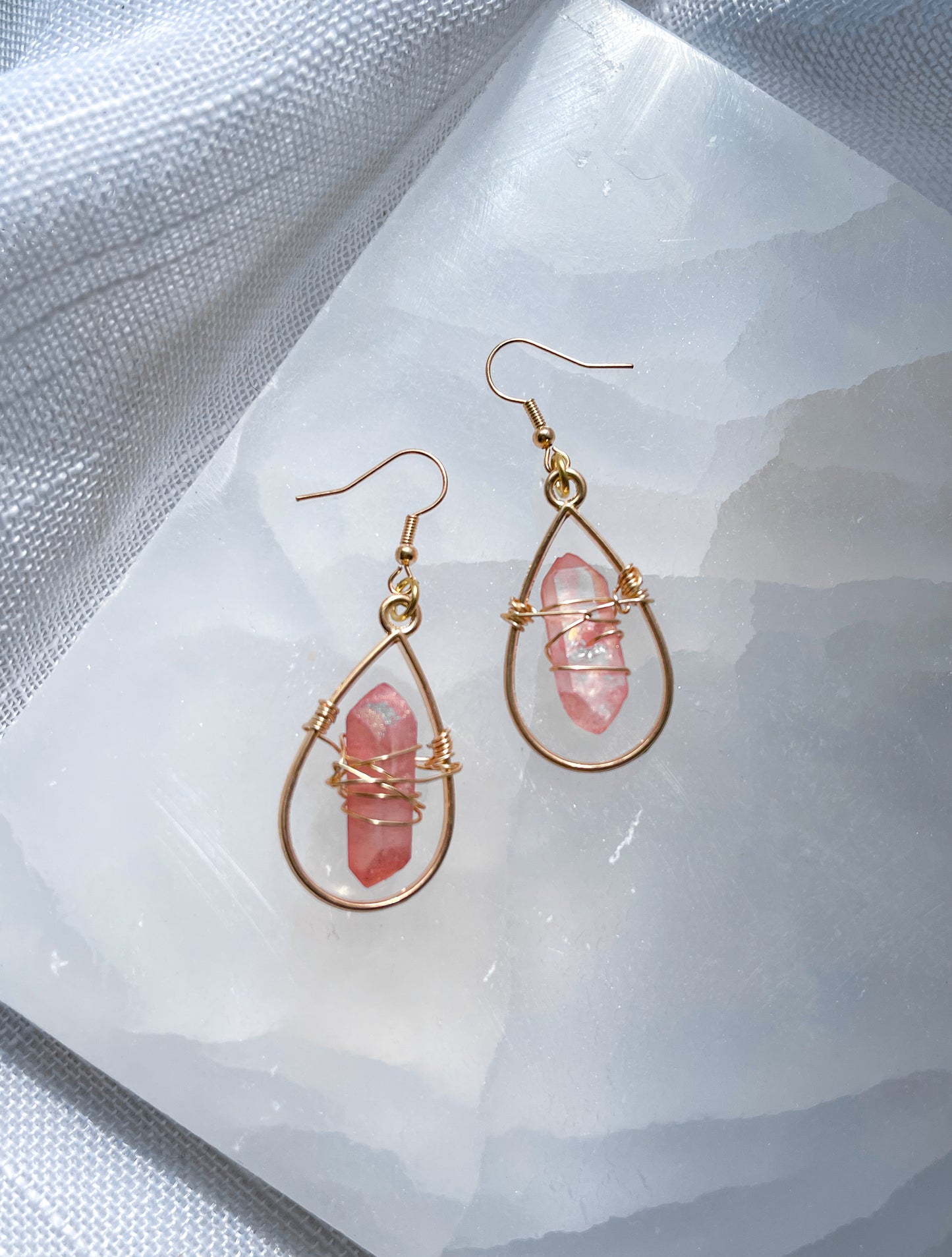 Teardrops of the Soul Pink Dyed Quartz Crystal Earrings