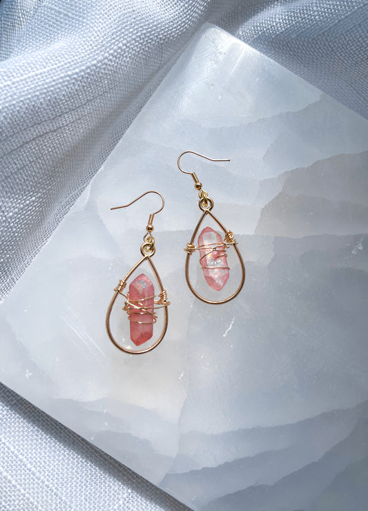 Teardrops of the Soul Pink Dyed Quartz Crystal Earrings