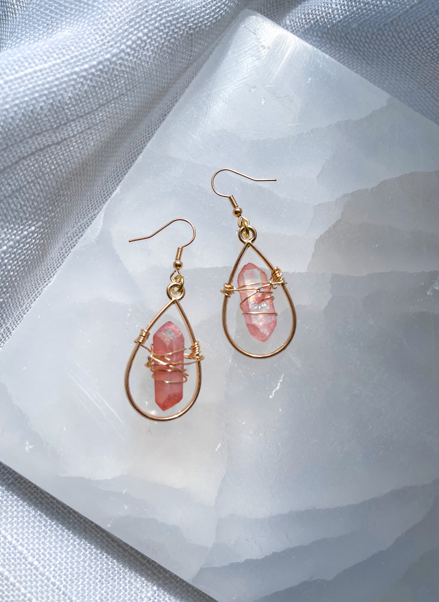 Teardrops of the Soul Pink Dyed Quartz Crystal Earrings