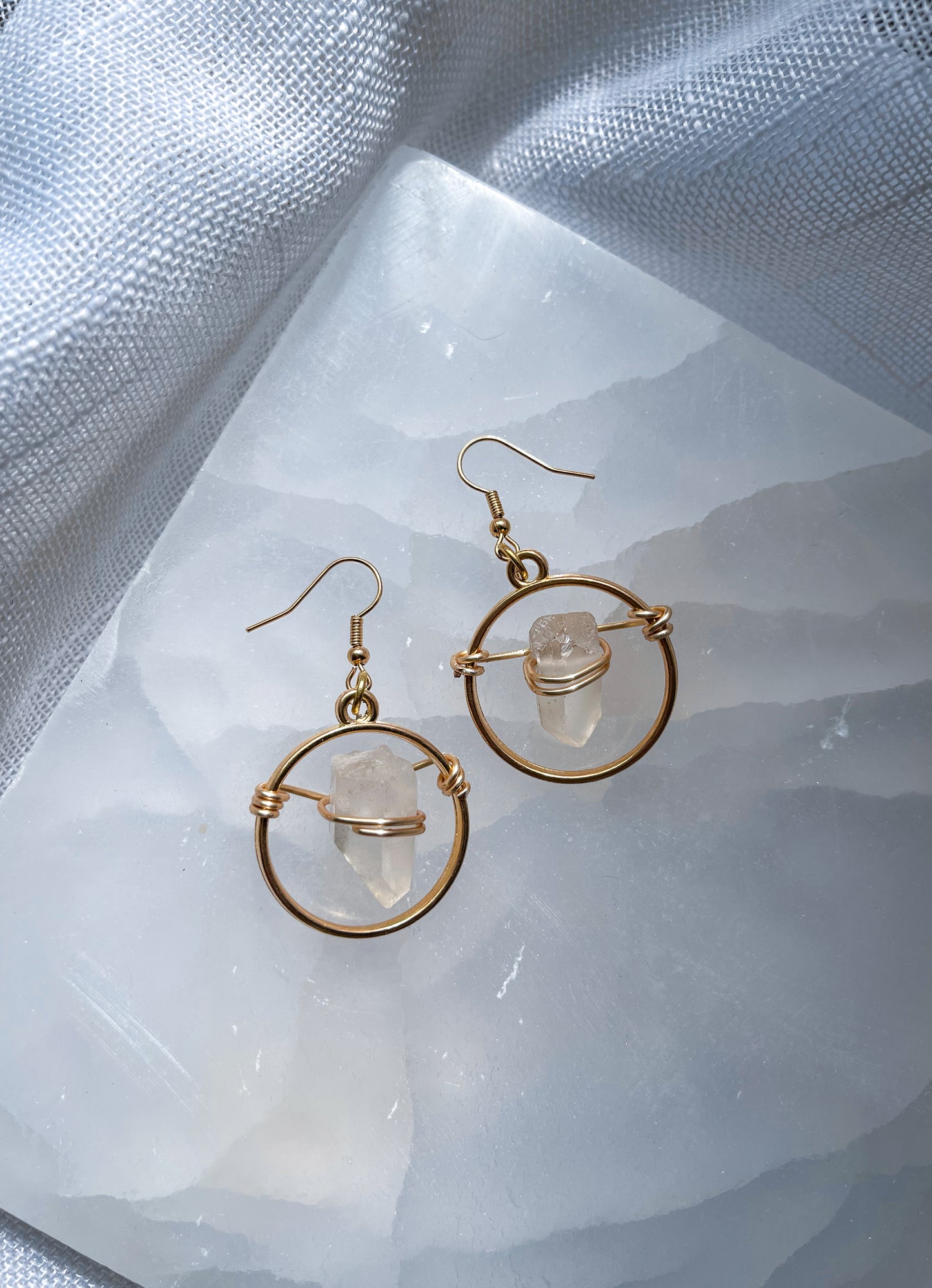 Gold Circle of Life Quartz Crystal Earrings