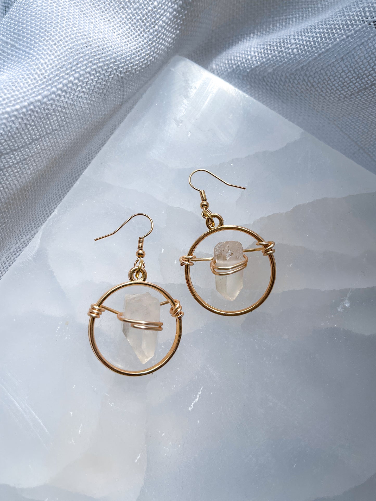 Gold Circle of Life Quartz Crystal Earrings