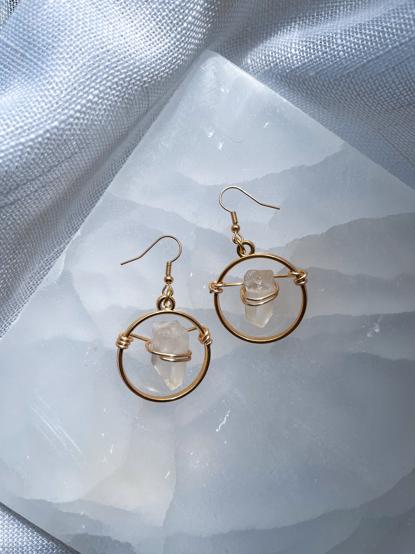 Gold Circle of Life Quartz Crystal Earrings