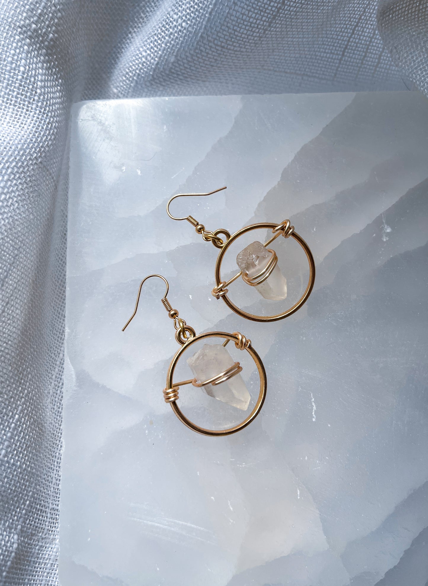 Gold Circle of Life Quartz Crystal Earrings