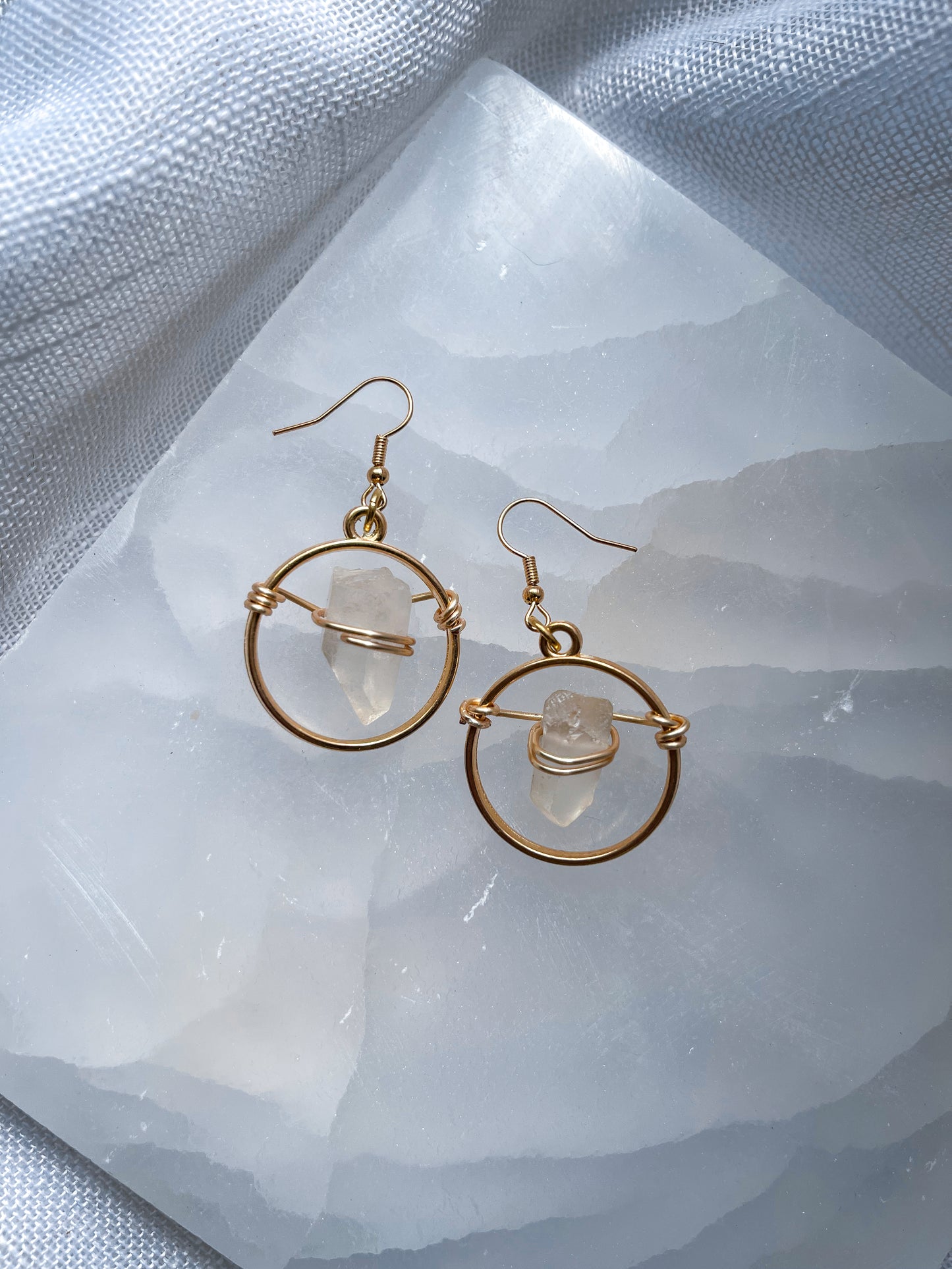 Gold Circle of Life Quartz Crystal Earrings