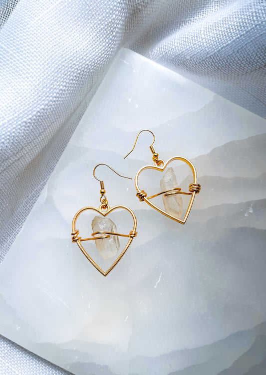 Golden Hearts of Love Quartz Crystal Earrings