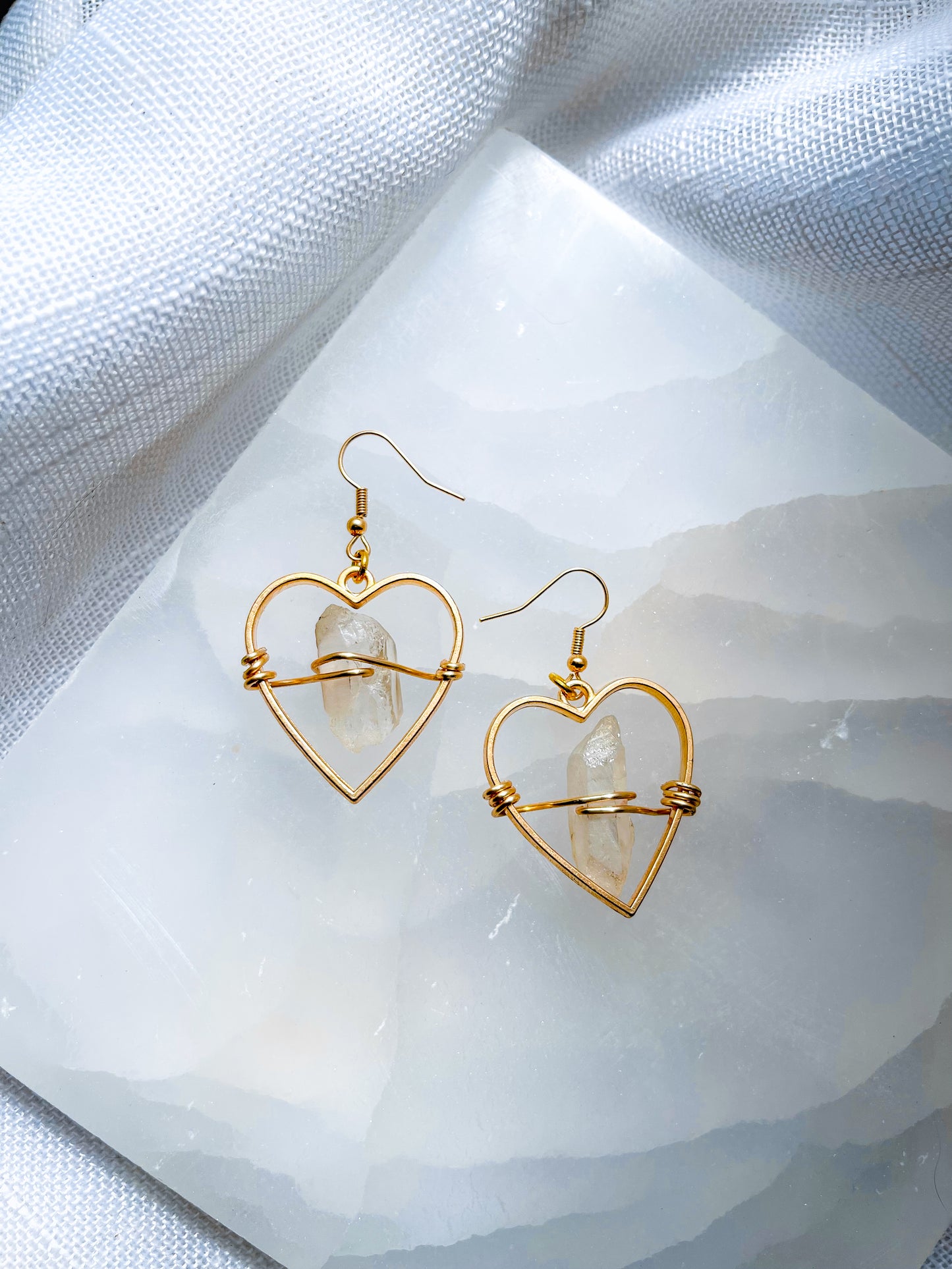 Golden Hearts of Love Quartz Crystal Earrings