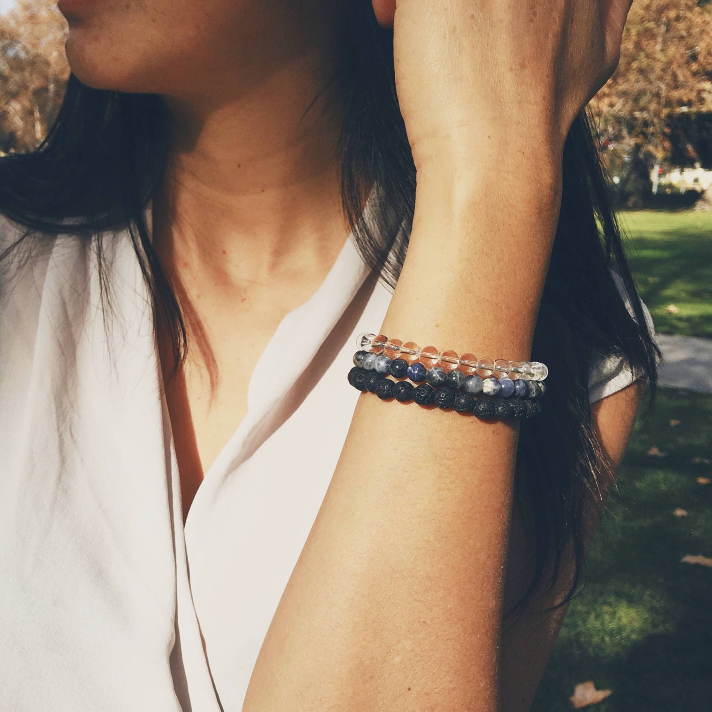 Crystal Quartz, Lava Bead & Sodalite Gemstone Bracelet Set