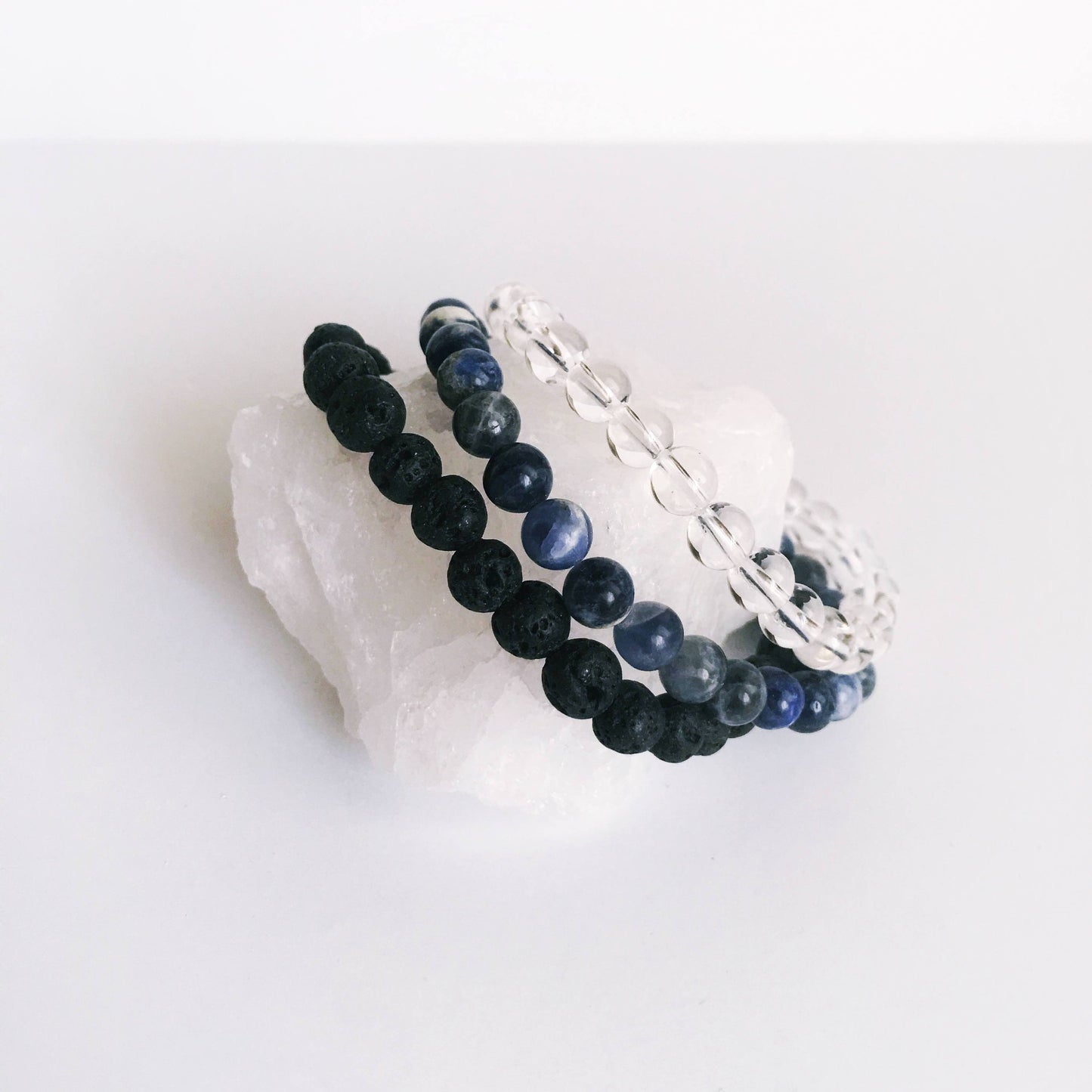 Crystal Quartz, Lava Bead & Sodalite Gemstone Bracelet Set