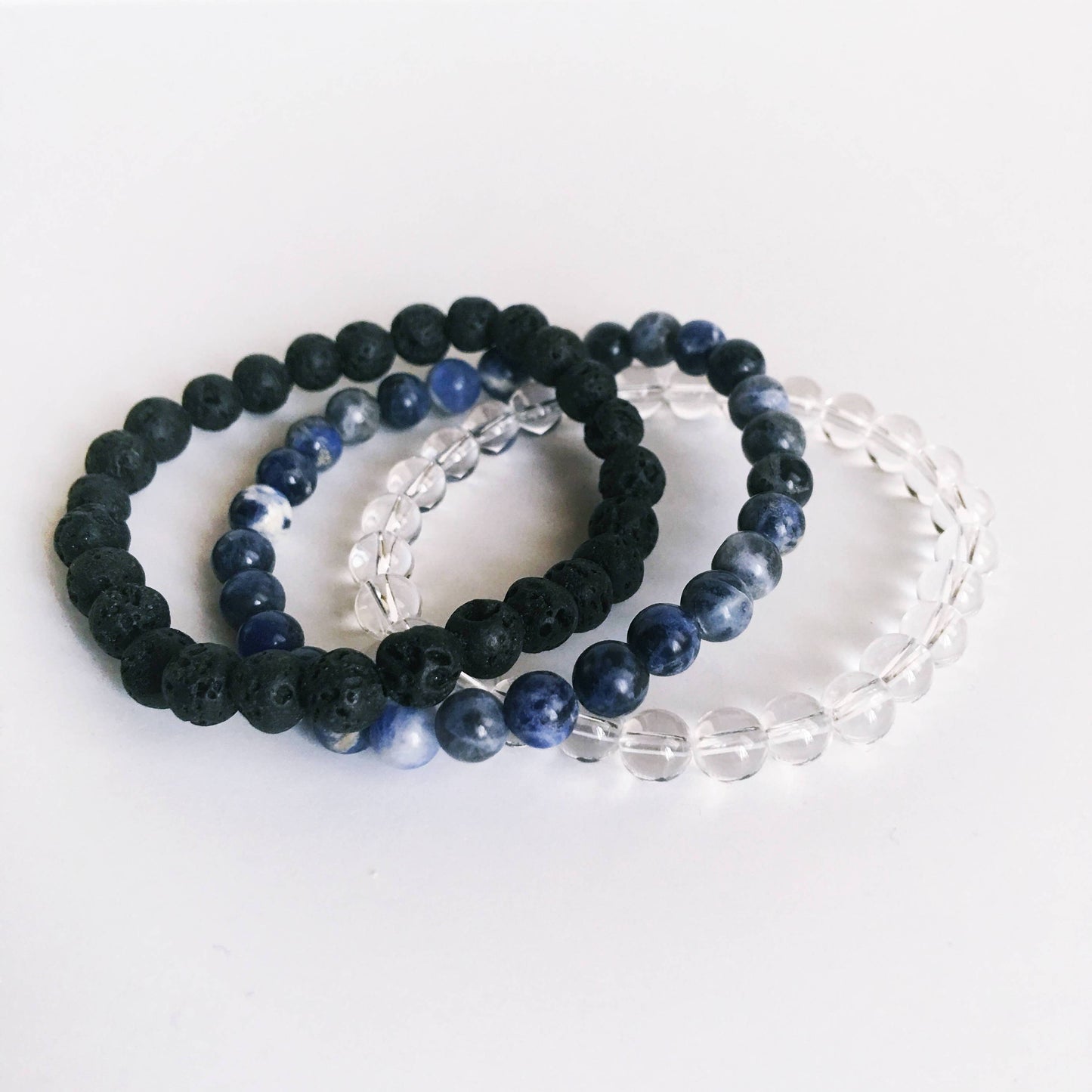 Crystal Quartz, Lava Bead & Sodalite Gemstone Bracelet Set