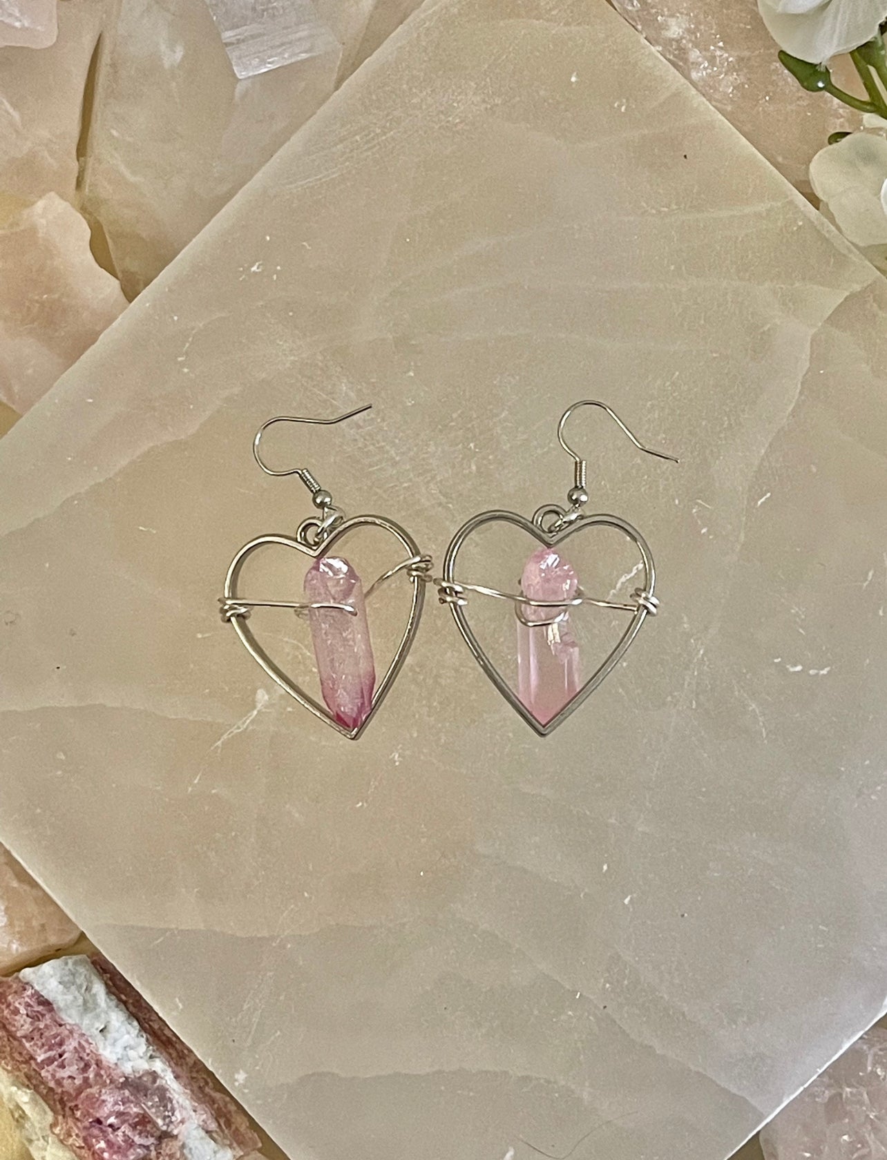 Pink Hearts of Love Quartz Crystal Earrings